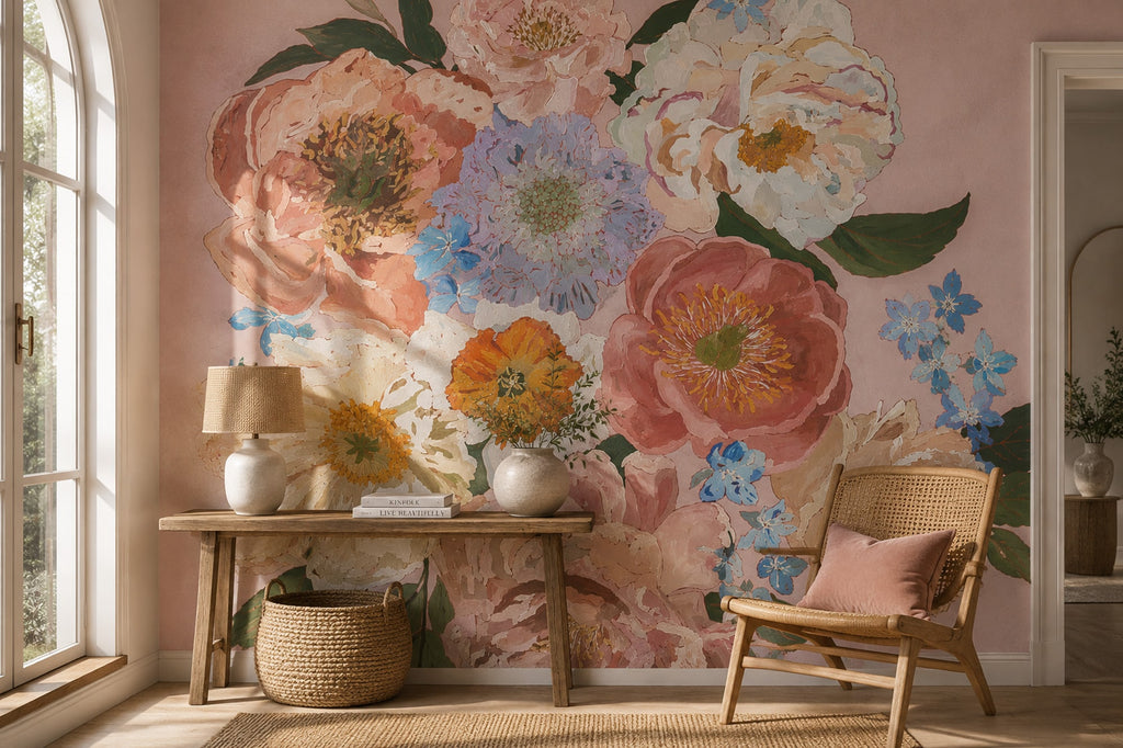 Oil Painted Peony Wallpaper : Oversized Blush Floral Wall Mural