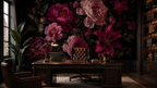 Dark Magenta Peony Wallpaper : Moody Maximalist Floral Wall Mural - View 5