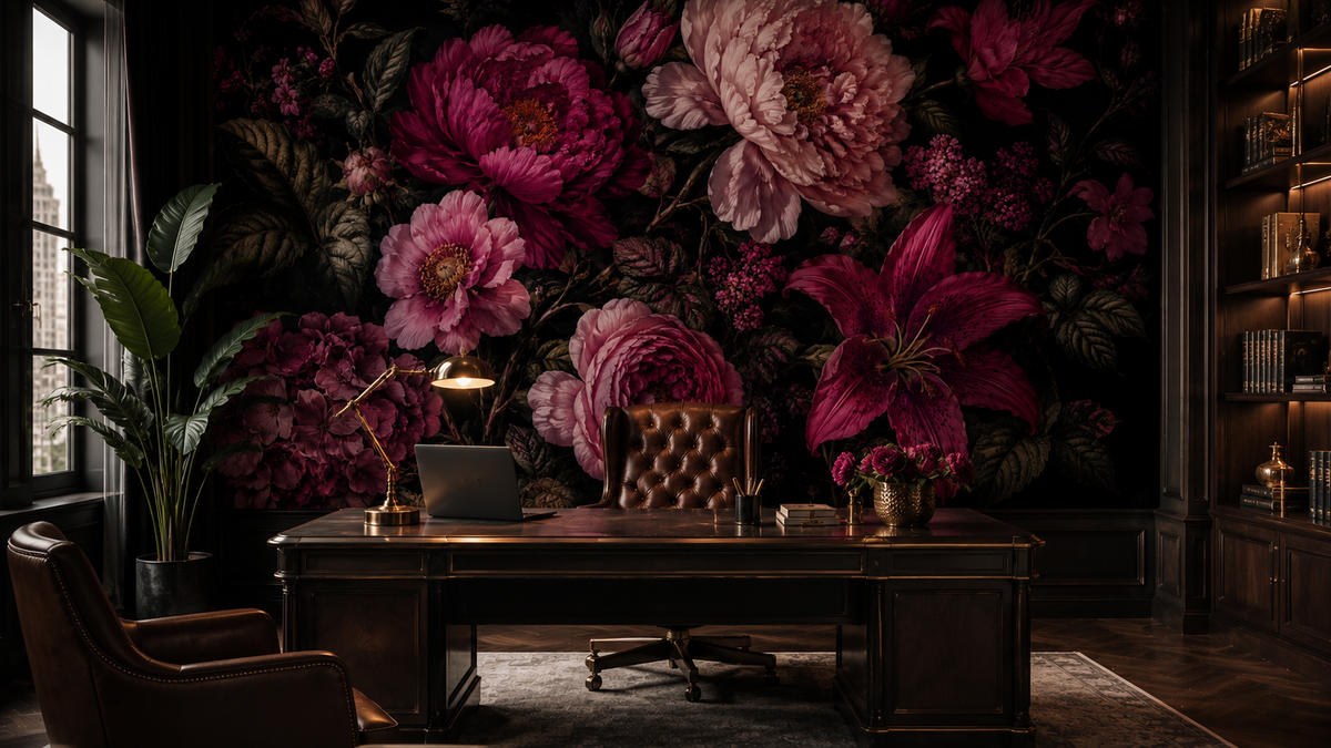 Dark Magenta Peony Wallpaper : Moody Maximalist Floral Wall Mural - View 5