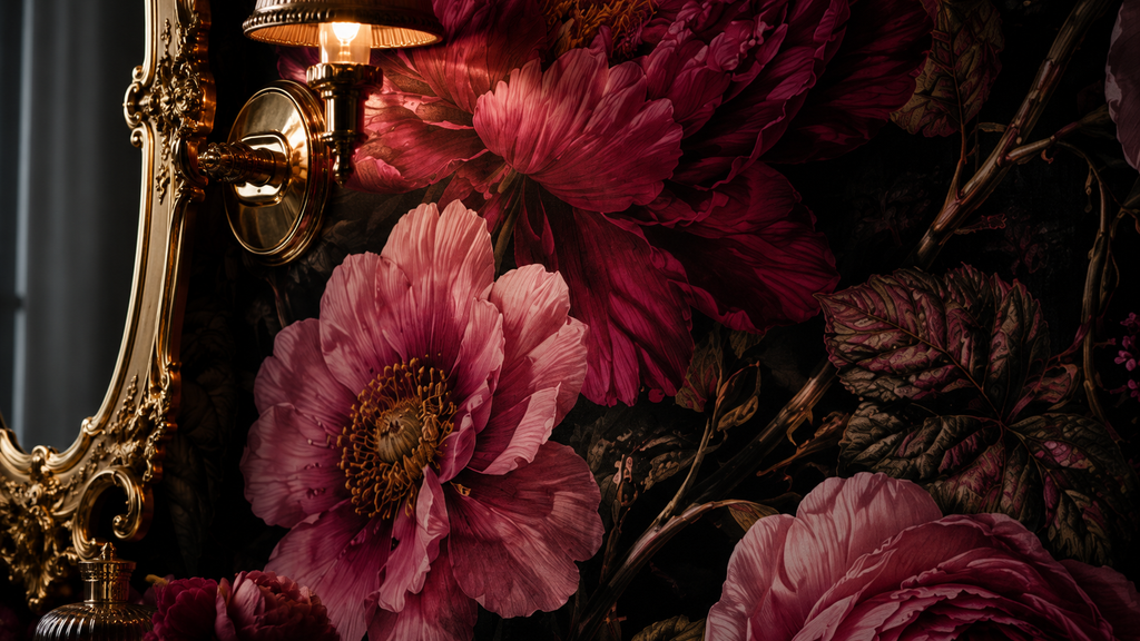 Dark Magenta Peony Wallpaper : Moody Maximalist Floral Wall Mural - View 4
