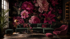 Dark Magenta Peony Wallpaper : Moody Maximalist Floral Wall Mural - View 3