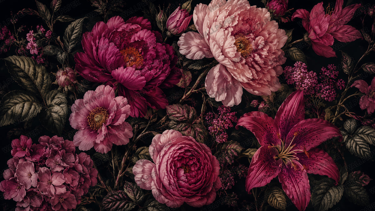 Dark Magenta Peony Wallpaper : Moody Maximalist Floral Wall Mural - View 2