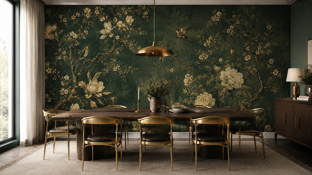 Dark Green Botanical Wallpaper : Cream Peony and Bird Wall Mural - View 5