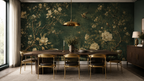 Dark Green Botanical Wallpaper : Cream Peony and Bird Wall Mural - View 5