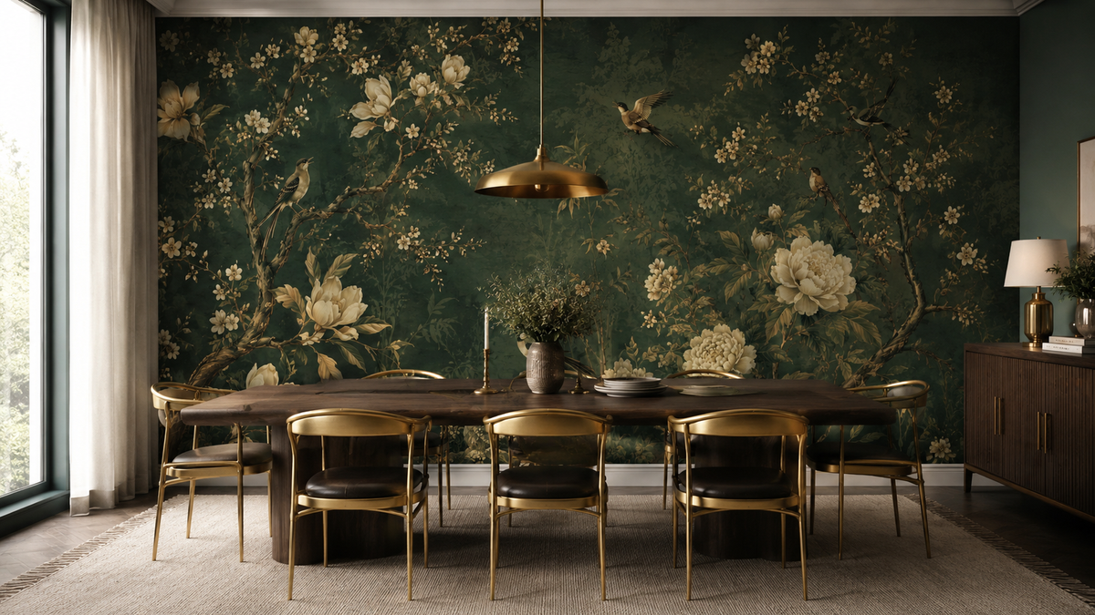 Dark Green Botanical Wallpaper : Cream Peony and Bird Wall Mural - View 5
