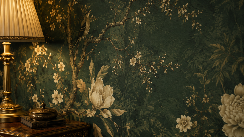 Dark Green Botanical Wallpaper : Cream Peony and Bird Wall Mural - View 4