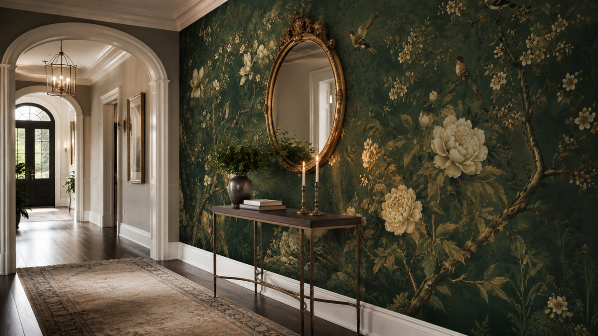 Dark Green Botanical Wallpaper : Cream Peony and Bird Wall Mural - View 3