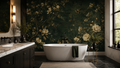 Dark Green Botanical Wallpaper : Cream Peony and Bird Wall Mural