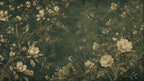 Dark Green Botanical Wallpaper : Cream Peony and Bird Wall Mural - View 2