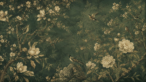 Dark Green Botanical Wallpaper : Cream Peony and Bird Wall Mural - View 2