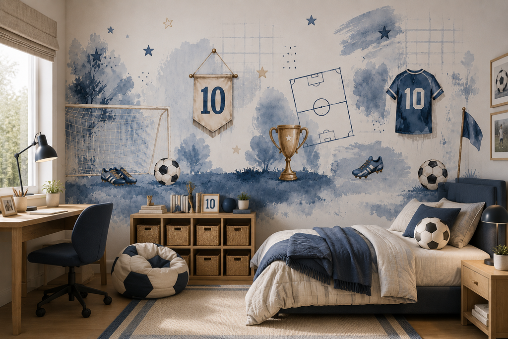 Blue Football Wallpaper : Watercolour Soccer Kids Room Mural - View 4