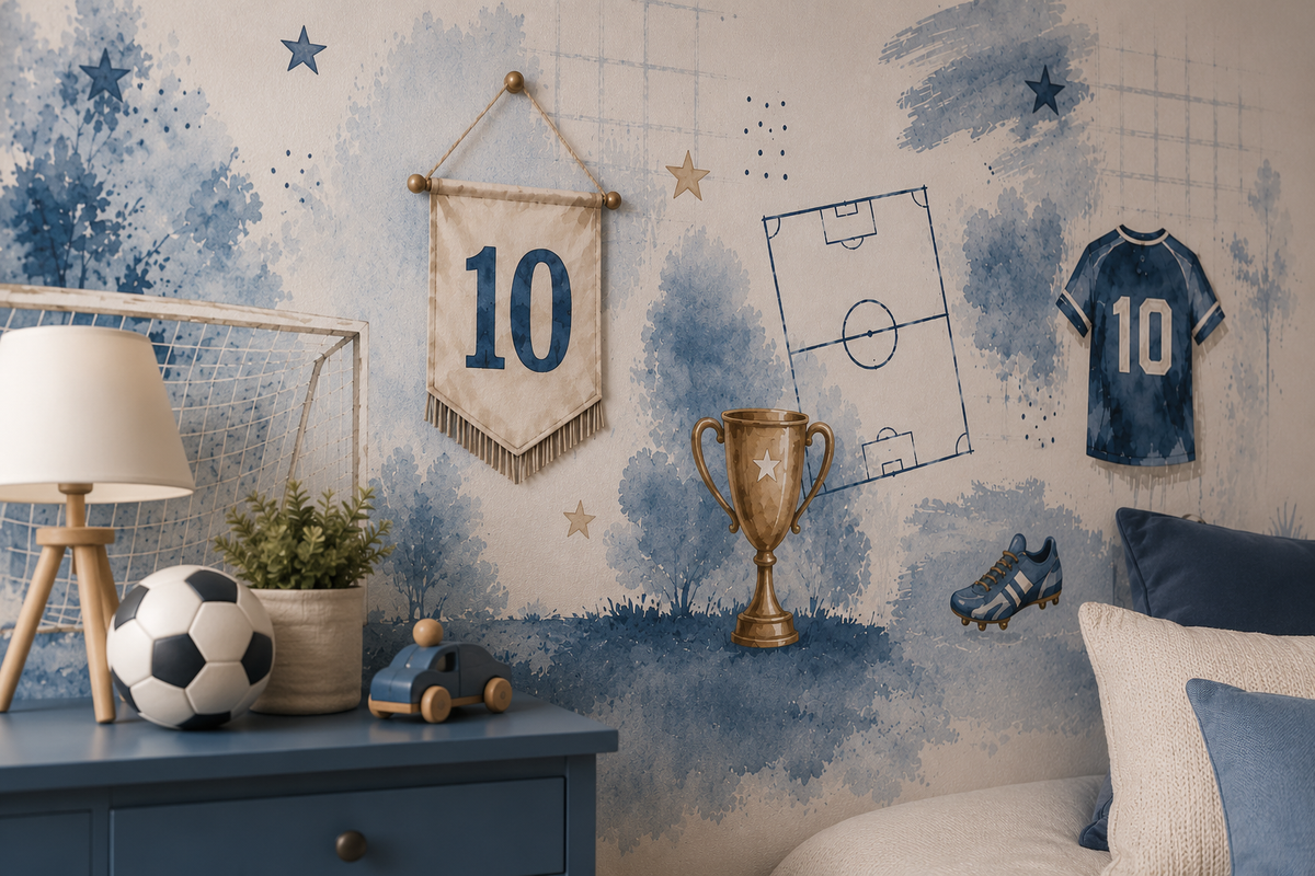 Blue Football Wallpaper : Watercolour Soccer Kids Room Mural - View 3