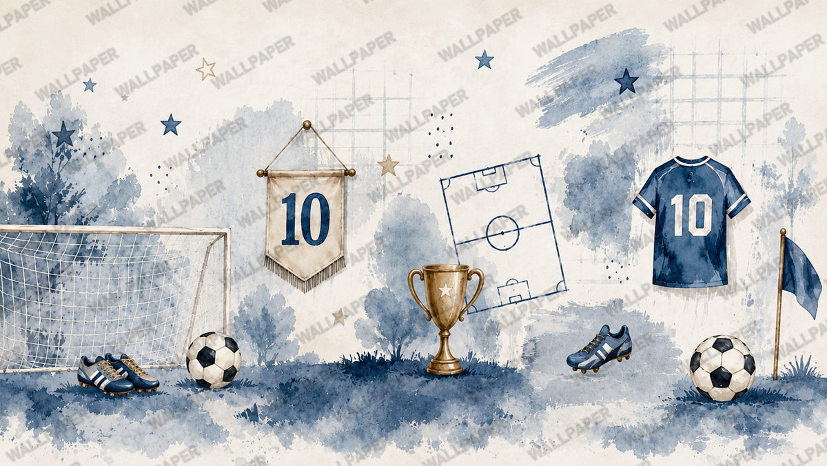 Blue Football Wallpaper : Watercolour Soccer Kids Room Mural - View 2