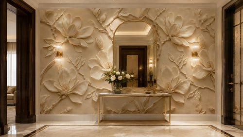 3D Magnolia Relief Wallpaper : Cream Sculpted Flower Wall Mural