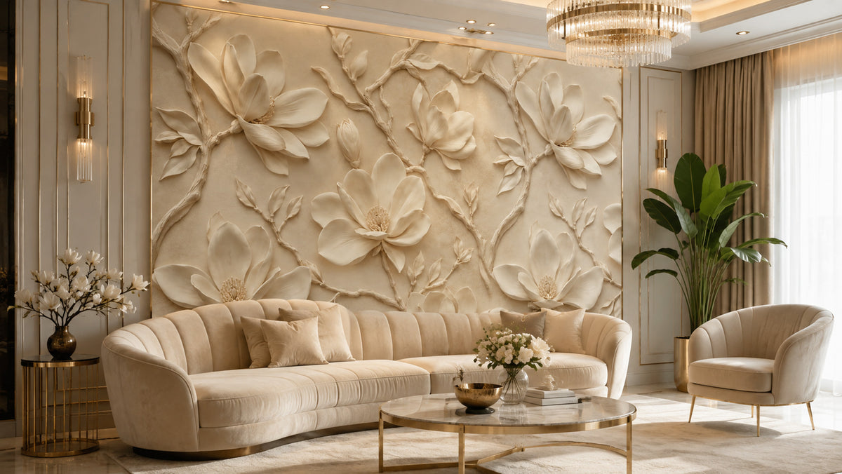 3D Magnolia Relief Wallpaper : Cream Sculpted Flower Wall Mural - View 5