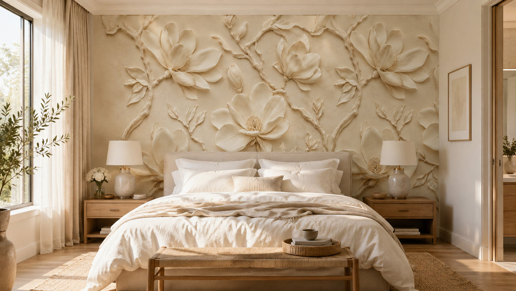 3D Magnolia Relief Wallpaper : Cream Sculpted Flower Wall Mural - View 4