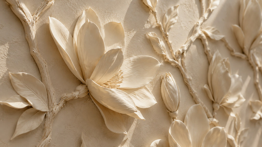 3D Magnolia Relief Wallpaper : Cream Sculpted Flower Wall Mural - View 3
