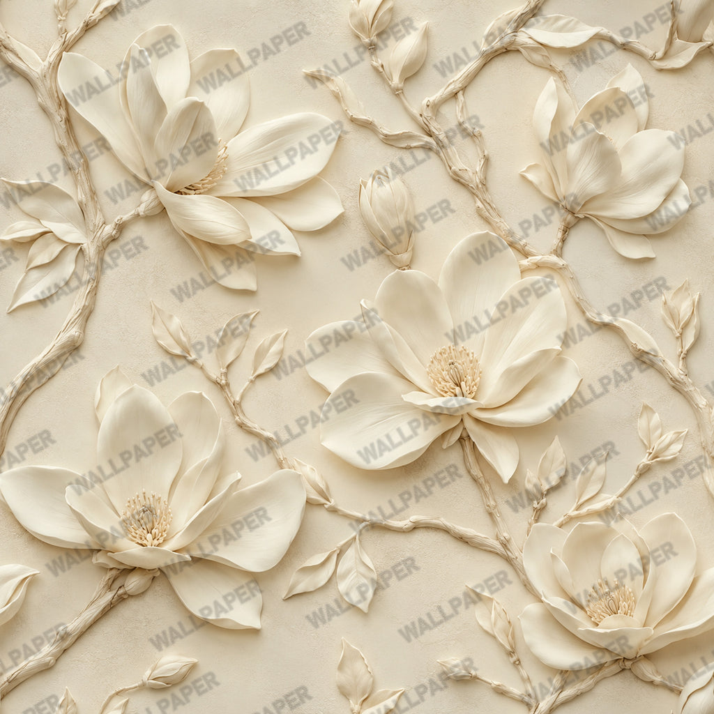 3D Magnolia Relief Wallpaper : Cream Sculpted Flower Wall Mural - View 2