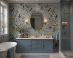 Blue Grey Blossom and Swallow Wallpaper : Chinoiserie Bathroom Mural