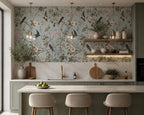 Blue Grey Blossom and Swallow Wallpaper : Chinoiserie Bathroom Mural - View 3