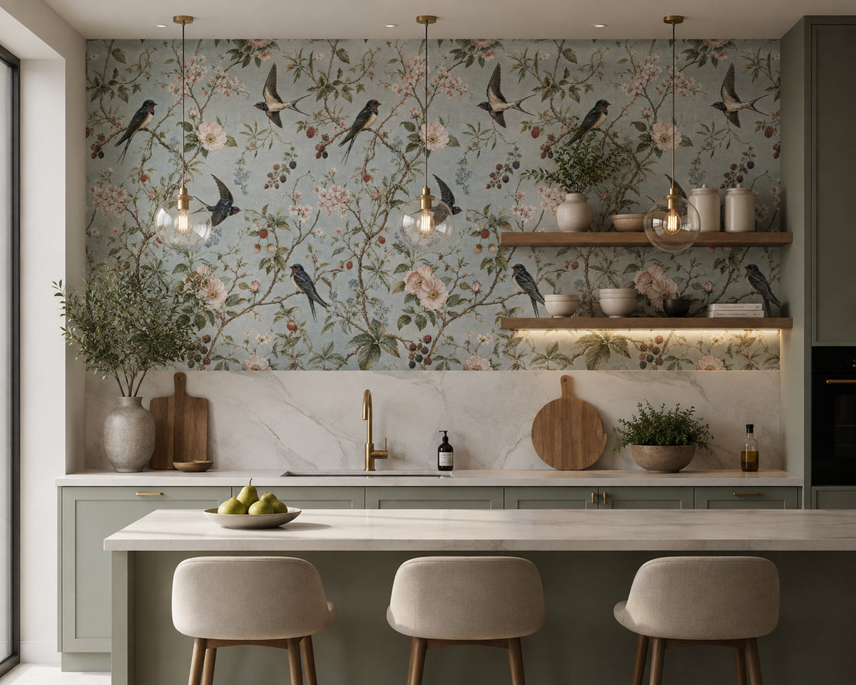 Blue Grey Blossom and Swallow Wallpaper : Chinoiserie Bathroom Mural - View 3