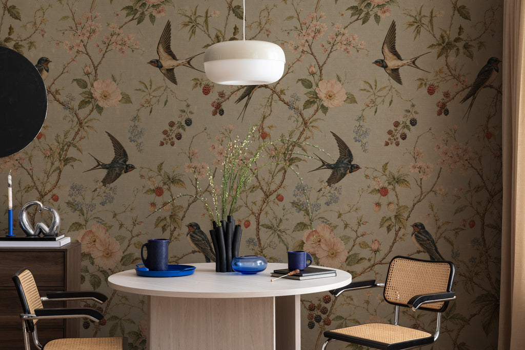 Blue Grey Blossom and Swallow Wallpaper : Chinoiserie Bathroom Mural - View 4