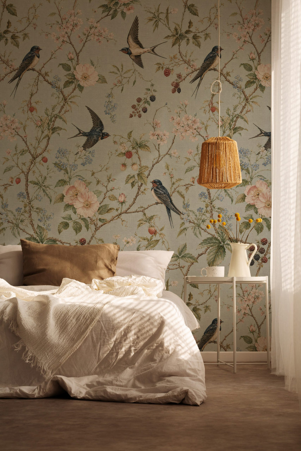 Blue Grey Blossom and Swallow Wallpaper : Chinoiserie Bathroom Mural - View 2