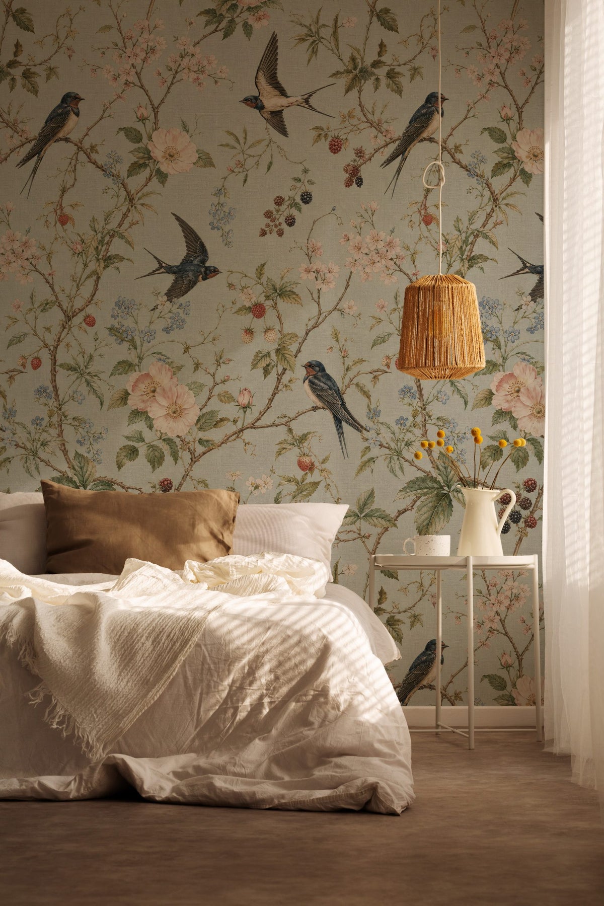 Blue Grey Blossom and Swallow Wallpaper : Chinoiserie Bathroom Mural - View 2