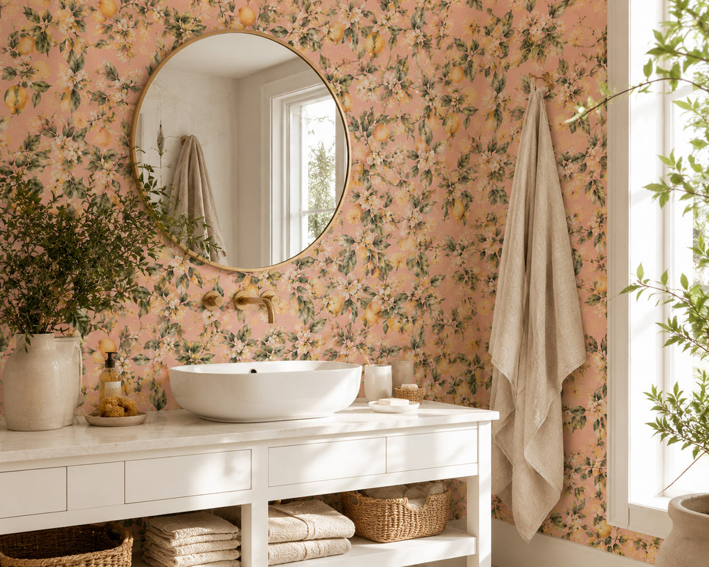 Pink Lemon Blossom Wallpaper : Mediterranean Citrus Kitchen Mural - View 3