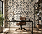 Charcoal Block Print Floral Wallpaper : Cream Damask Leaf Mural
