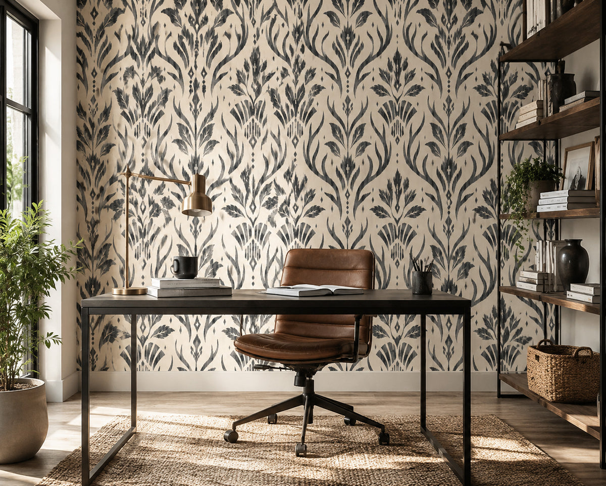 Charcoal Block Print Floral Wallpaper : Cream Damask Leaf Mural