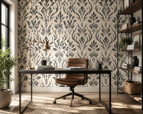 Charcoal Block Print Floral Wallpaper : Cream Damask Leaf Mural