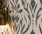 Charcoal Block Print Floral Wallpaper : Cream Damask Leaf Mural