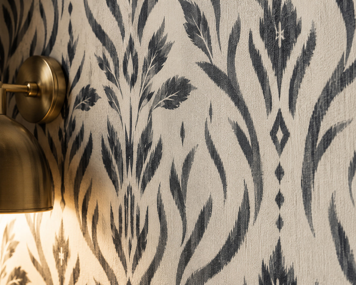 Charcoal Block Print Floral Wallpaper : Cream Damask Leaf Mural