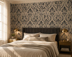 Charcoal Block Print Floral Wallpaper : Cream Damask Leaf Mural - View 3
