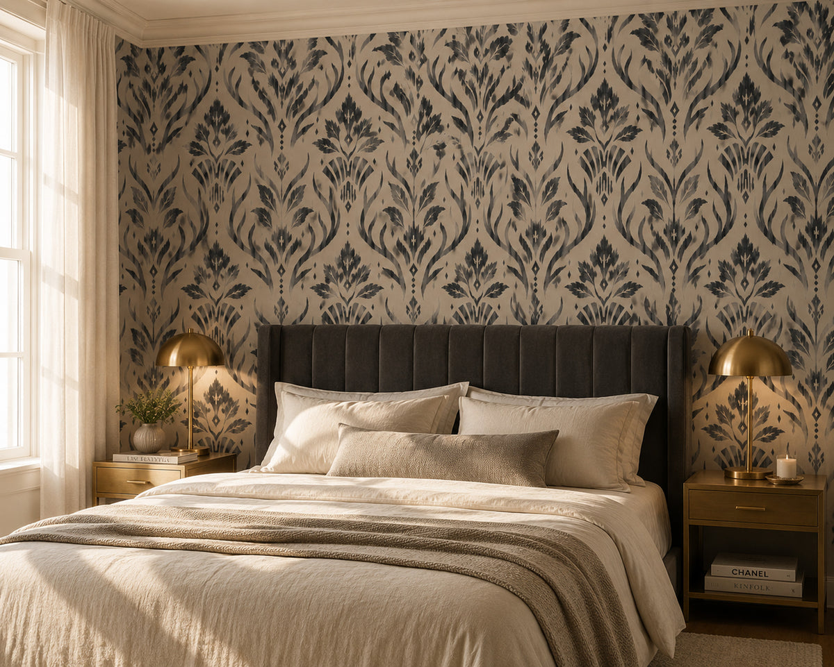 Charcoal Block Print Floral Wallpaper : Cream Damask Leaf Mural - View 3