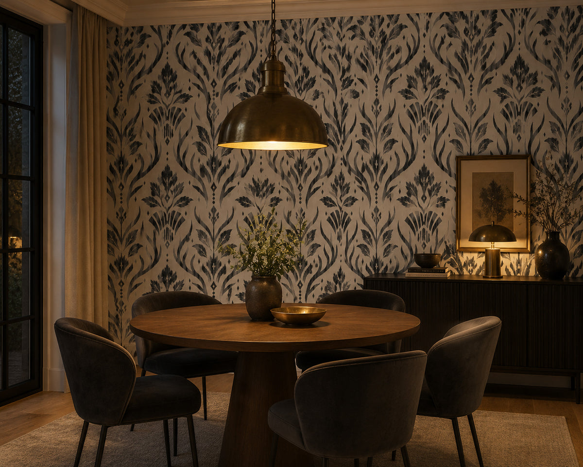 Charcoal Block Print Floral Wallpaper : Cream Damask Leaf Mural - View 5