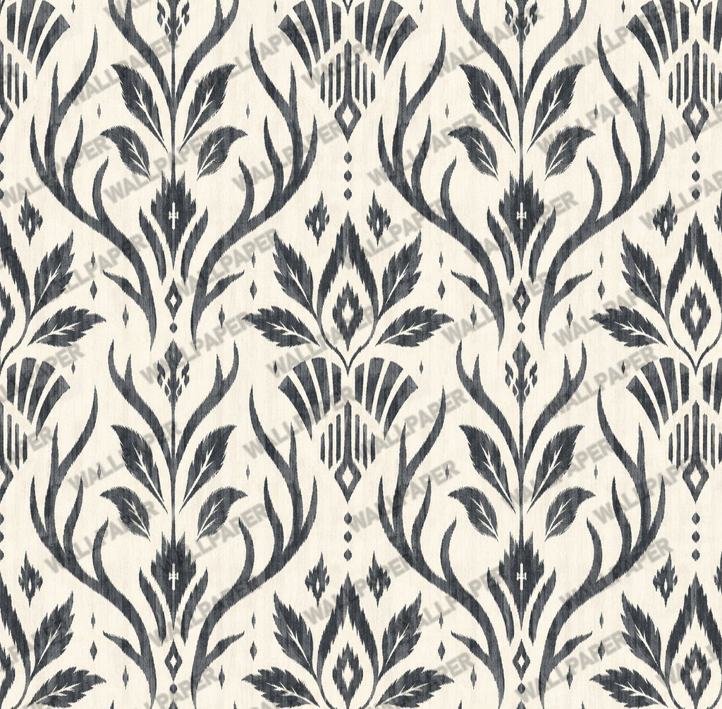 Charcoal Block Print Floral Wallpaper : Cream Damask Leaf Mural - View 2