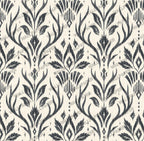 Charcoal Block Print Floral Wallpaper : Cream Damask Leaf Mural - View 2