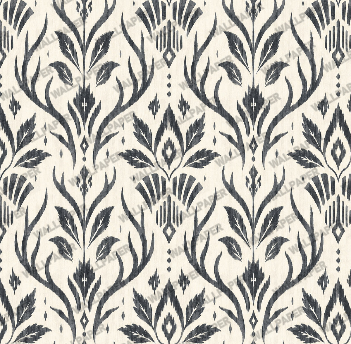 Charcoal Block Print Floral Wallpaper : Cream Damask Leaf Mural - View 2