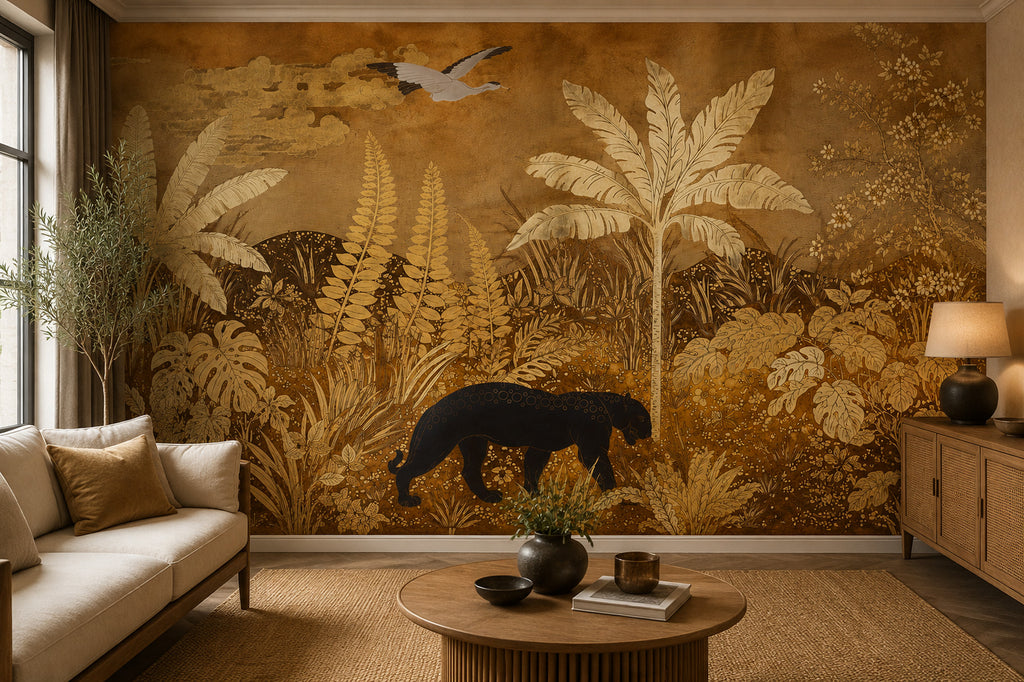 Gold Jungle Panther Wallpaper : Sepia Tropical Leaf Mural - View 4