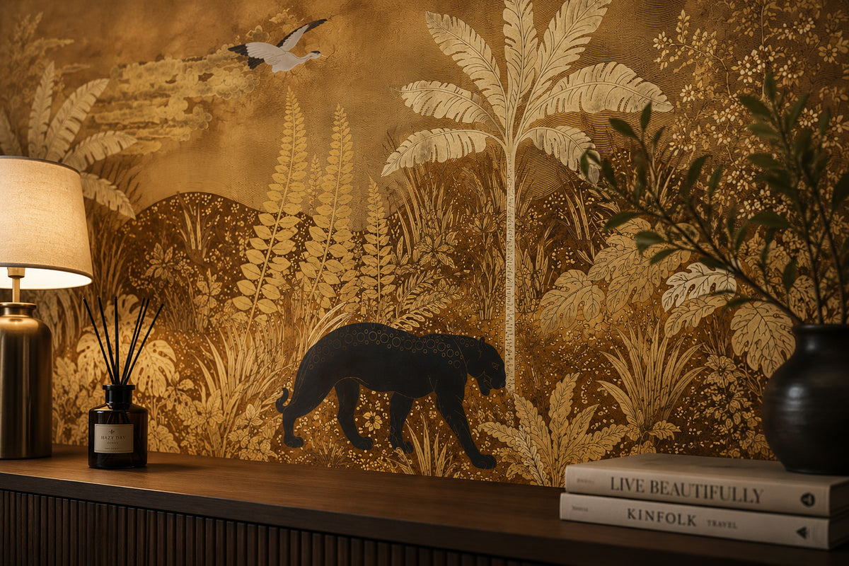 Gold Jungle Panther Wallpaper : Sepia Tropical Leaf Mural - View 3