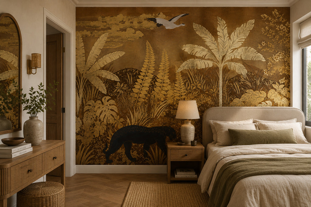 Gold Jungle Panther Wallpaper : Sepia Tropical Leaf Mural