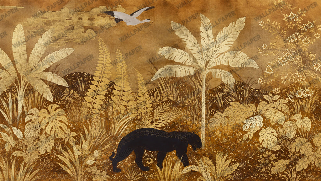 Gold Jungle Panther Wallpaper : Sepia Tropical Leaf Mural - View 2