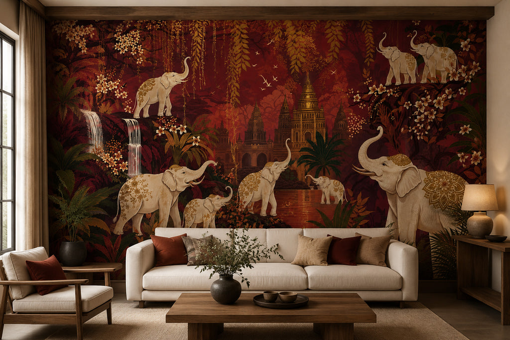 Red and Gold Elephant Palace Wallpaper : Oriental Temple Mural