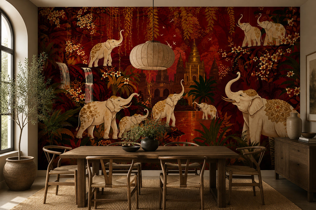 Red and Gold Elephant Palace Wallpaper : Oriental Temple Mural - View 3