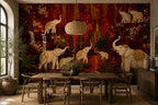 Red and Gold Elephant Palace Wallpaper : Oriental Temple Mural - View 3