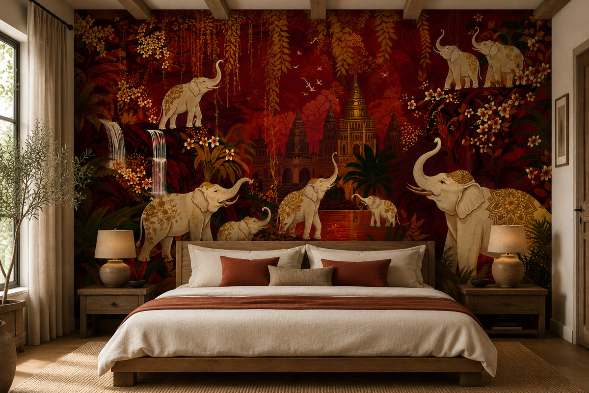 Red and Gold Elephant Palace Wallpaper : Oriental Temple Mural - View 4