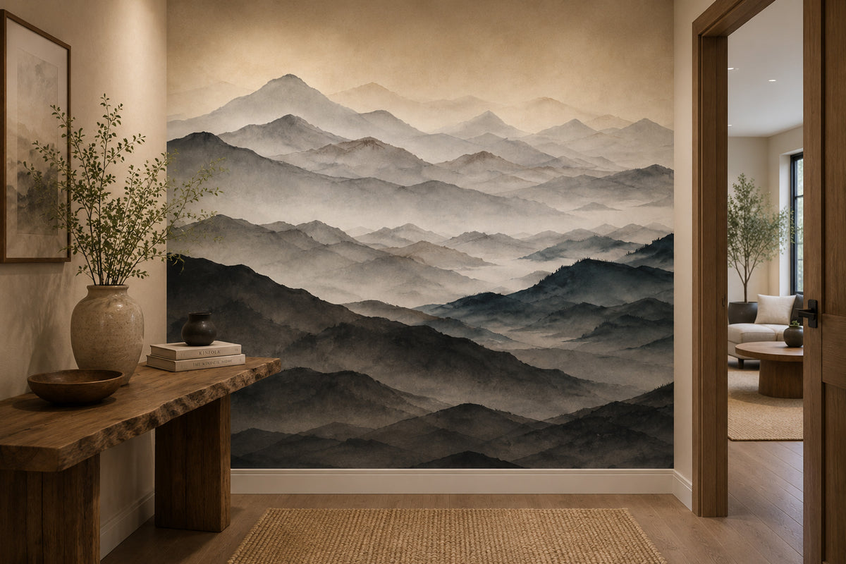 Misty Mountain Layers Wallpaper : Minimalist Ombre Landscape Mural - View 4
