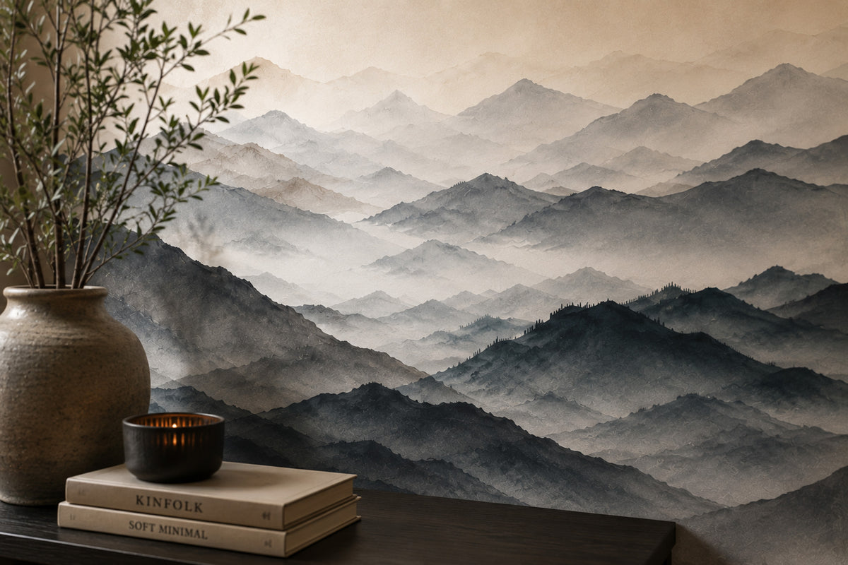 Misty Mountain Layers Wallpaper : Minimalist Ombre Landscape Mural - View 3